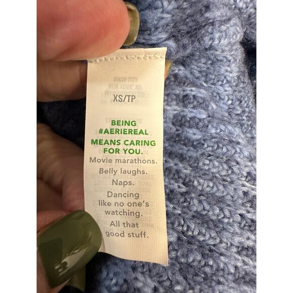 Aerie Blue Half Zip Waffle Knit Sweater XS โ Cozy Chunky Collared Pullover - Picture 9 of 10